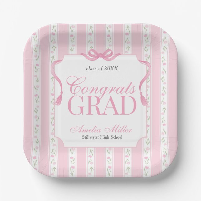 Plato De Papel Graduación de Floral Rosa (Anverso)
