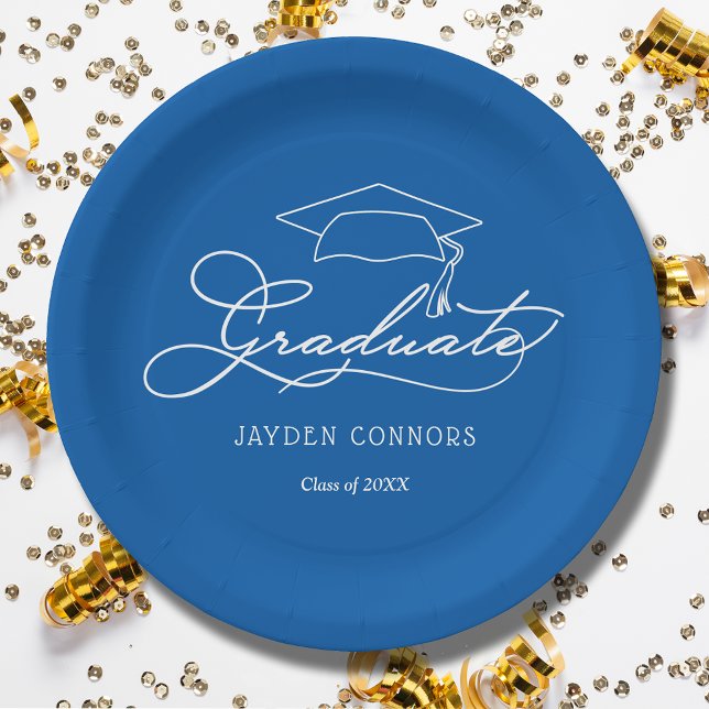 Plato De Papel Graduación de Grad Cap Blue (White script grad cap on blue personalized graduation party paper plates, napkins in our store)