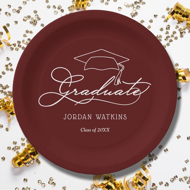 Plato De Papel Graduación de Grad Cap Dark Maroon (White script grad cap on dark maroon personalized graduation paper plates, napkins in our store)