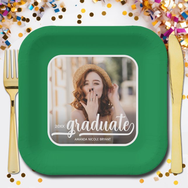 Plato De Papel Graduación de Graduación de Graduación Verde en ne (Photo graduation green square paper plates)