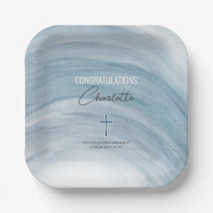 Plato De Papel Graduación de la Cruz Cristiana Azul
