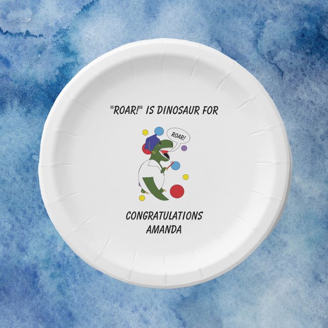 Plato De Papel Graduación de la Escuela Dental Dentista Dinosauri (A funny dental school graduation theme paper plate with a dinosaur)