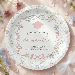 Plato De Papel Graduación de lazo rosa de flor silvestre