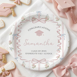 Plato De Papel Graduación de lazo rosa de flor silvestre