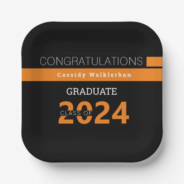 Plato De Papel Graduación de Naranja negro de nombre de graduado (Anverso)
