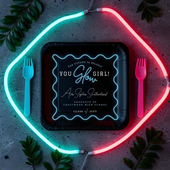 Plato De Papel Graduación de Neón Azul ondulado Retro Chica brill (You Glow Girl Retro Wavy Blue Neon Graduation Paper Plates)