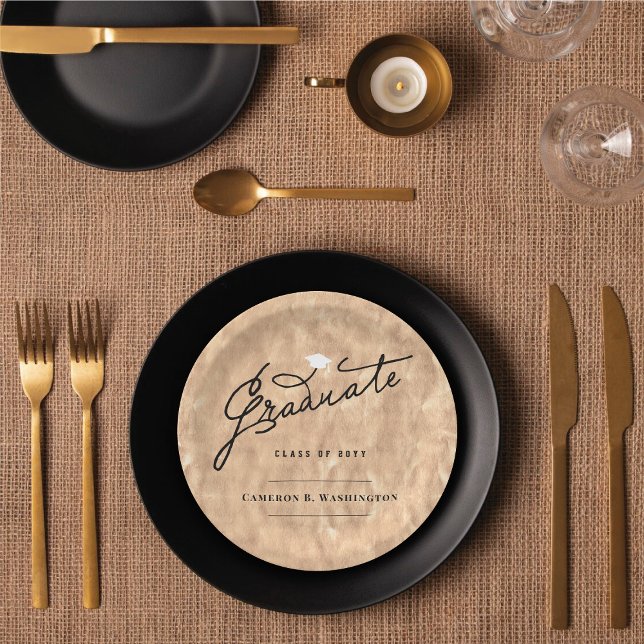 Plato De Papel Graduación de Relieve metalizado de cobre guión es (Copper Faux Foil Stylish Graduate Script Graduation Party Paper Plates @ fatfatin)