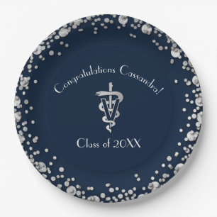 Plato De Papel Graduación de Veterinaria Azul Marino Plata