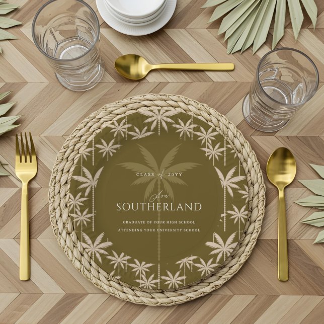 Plato De Papel Graduación del patrón del árbol de palmas tropical (Boho Retro Tropical Palm Tree Pattern Graduation Paper Plates)