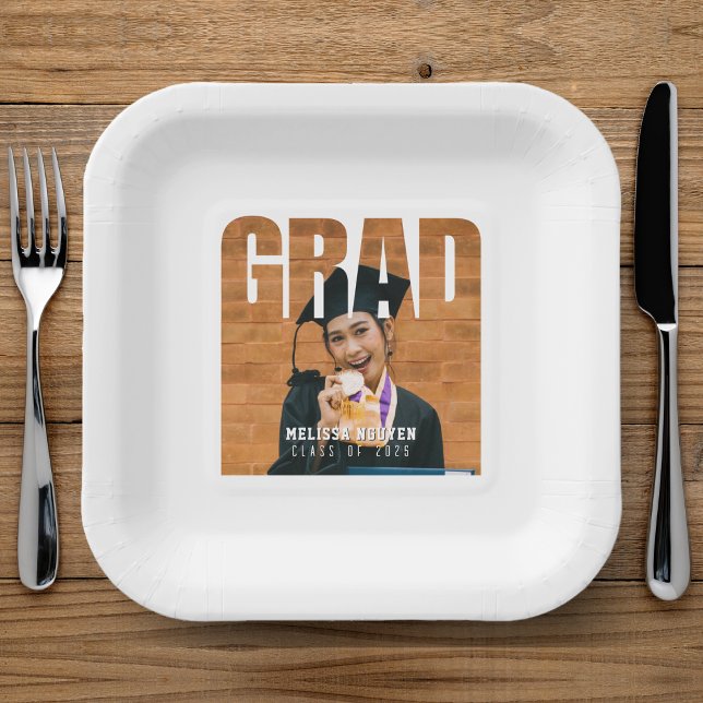 Plato De Papel Graduación en blanco de foto graduada (Grad Photo White Graduation Paper Plates
)