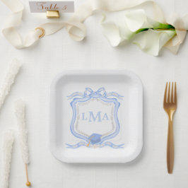 Plato De Papel Graduación en monograma de Boda Preppy