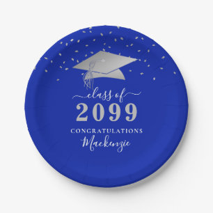 Plato De Papel Graduación Guión de Confetti Royal Blue Silver