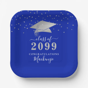 Plato De Papel Graduación Guión de Confetti Royal Blue Silver