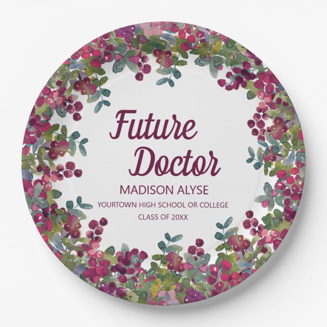 Plato De Papel Graduación Médica futuro Morado Floral (Anverso)