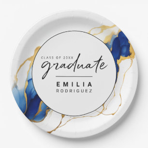 Plato De Papel Graduación Minimalista del oro amarillo azul real