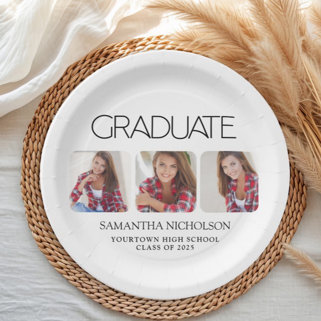 Plato De Papel Graduación moderna de 3 fotos en Sleek (Modern white 3 photo graduation party paper plate)