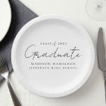 Plato De Papel Graduación moderna de escritura negra manuscrita<br><div class="desc">Eleva la decoración de tu fiesta de graduación con nuestros elegantes platos de papel de graduación. Con un guión en blanco y negro escrito a mano en moda, estas placas de papel le dan un toque de sofisticación a su celebración. Personalizarlos con el nombre del graduado, el año de graduación...</div>