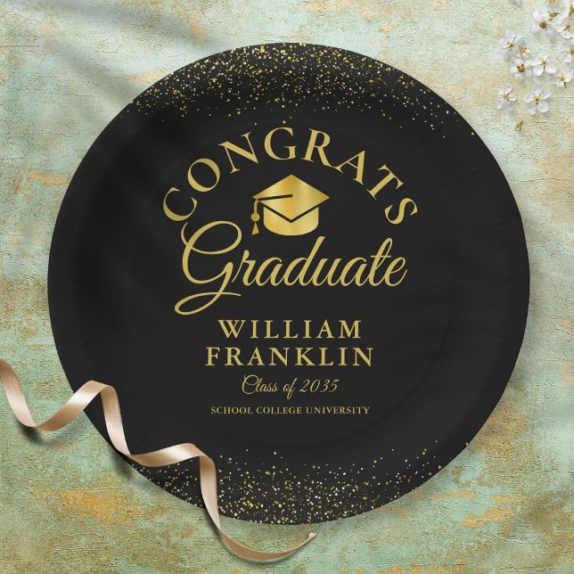 Plato De Papel Graduación Moderna Personalizada En Negro Y Oro (Subido por el creador)