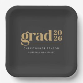Plato De Papel Graduación Oro Gris Carbón Personalizado 2026
