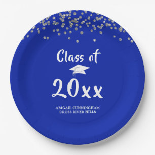 Plato De Papel Graduación Parte Clase Royal Blue Silver Confetti