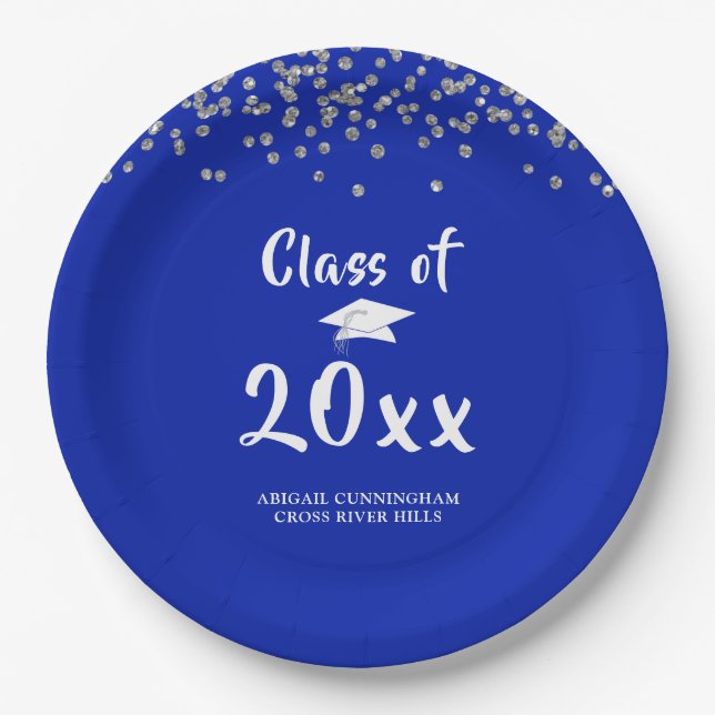 Plato De Papel Graduación Parte Clase Royal Blue Silver Confetti (Anverso)