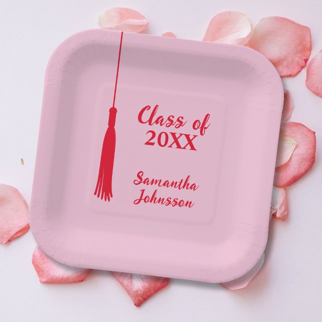 Plato De Papel Graduación Personalizada Audaz De Tassel Rosa Y Ro (Bold Pink & Red Tassel Personalized Graduation Paper Plates)