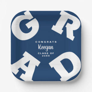Plato De Papel Graduación Personalizada Azul Oscuro y Blanco