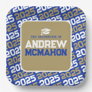 Plato De Papel Graduación Personalizada Azul y Bronce Dorado