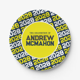 Plato De Papel Graduación Personalizada de Azul Marino y Amarillo