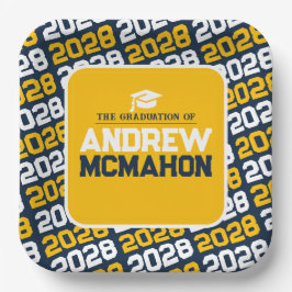 Plato De Papel Graduación Personalizada de Azul Marino y Dorado