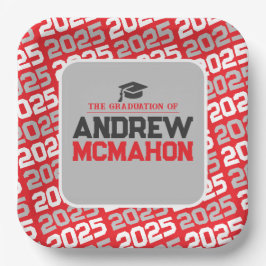 Plato De Papel Graduación personalizada de gris rojo y plateado
