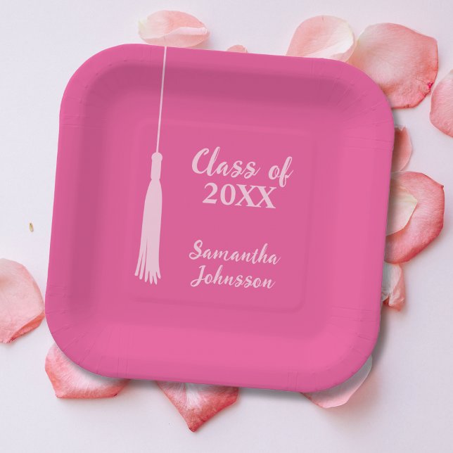 Plato De Papel Graduación personalizada de Tassel rosa moda 2024 (Chic Pink 2024 Tassel Personalized Graduation Paper Plates)