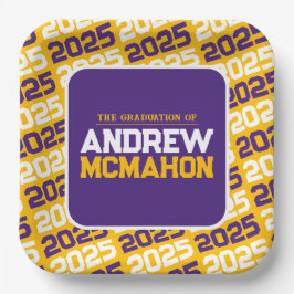 Plato De Papel Graduación personalizada en amarillo dorado y mora