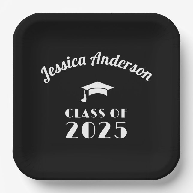 Plato De Papel Graduación personalizada en negro y blanco  (Anverso)