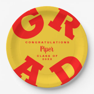 Plato De Papel Graduación personalizada en rojo y amarillo