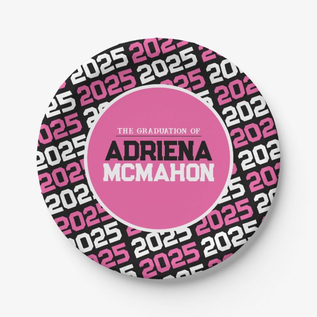 Plato De Papel Graduación personalizada en rosa caliente y negro (Anverso)
