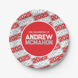 Plato De Papel Graduación Personalizada Gris Plata y Rojo