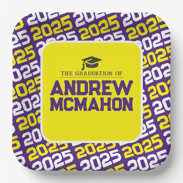 Plato De Papel Graduación personalizada morada y amarilla (Anverso)