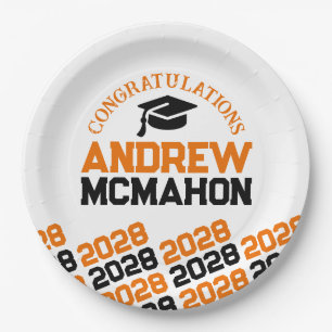 Plato De Papel Graduación Personalizada Naranja y Negro