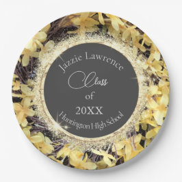 Plato De Papel Graduación Purpurinoso floral amarilla personaliza