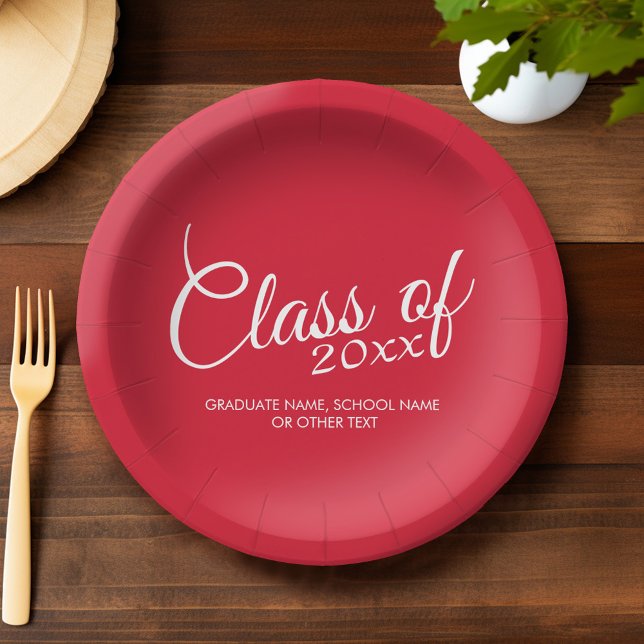 Plato De Papel Graduación roja Clase de año y texto (Custom Graduation Plates)