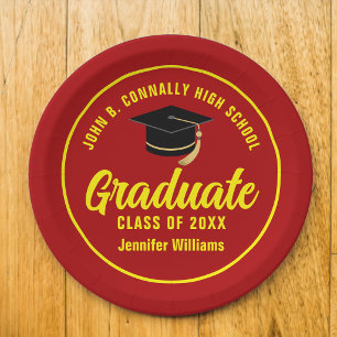 Plato De Papel Graduación Rojo Amarillo Personalizada Fiesta de G