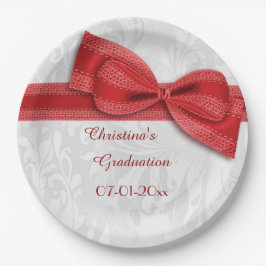 Plato De Papel Graduación Rojo Damask y Lazo Falso