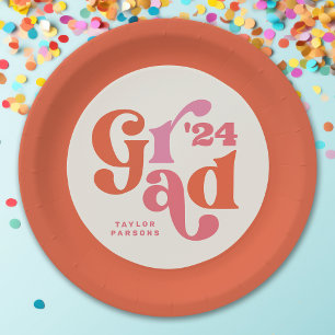 Plato De Papel Graduación Rosa Y Naranja Boho Retro