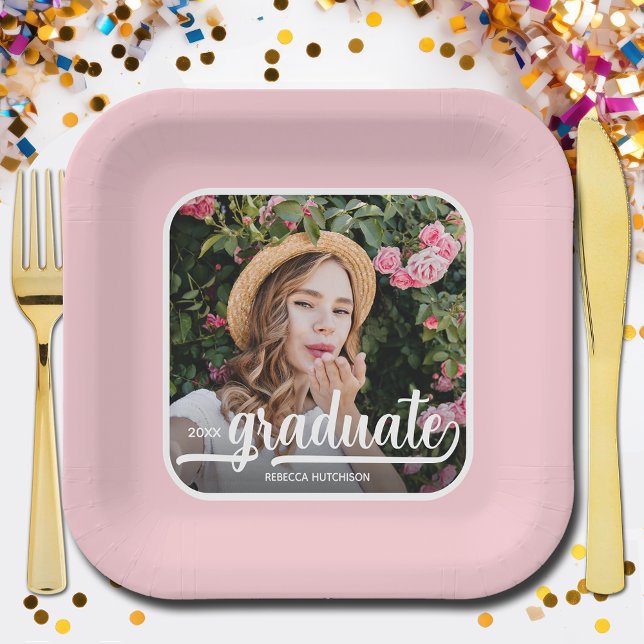 Plato De Papel Graduación rosada en negrita de la foto del gradua (Photo graduation pink square paper plates)