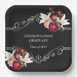 Plato De Papel Graduación Rosas Lilas Rojas Negras Pretty