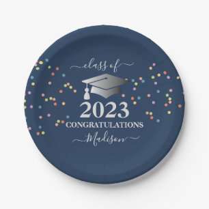 Plato De Papel Graduación Royal Blue Confetti Silver inicial