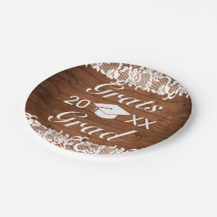 Plato De Papel Graduación Rústica de madera y encaje blanco