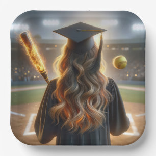 Plato De Papel Graduado chica con murciélago flamante y softball
