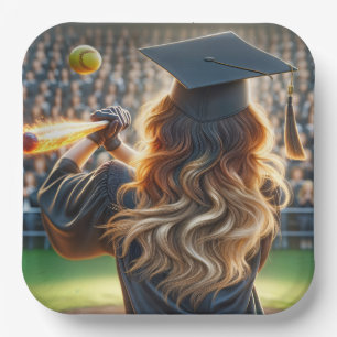Plato De Papel Graduado chica con murciélago flamante y softball